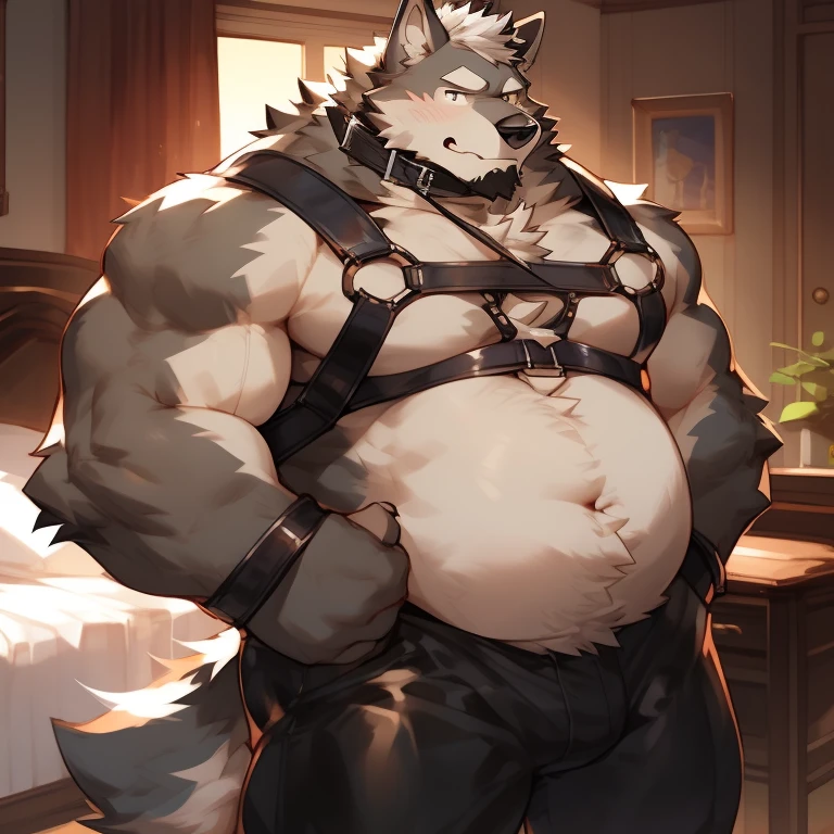 solo, male, werewolf, wolf, canine, big, mature, older, burly, muscular, facial hair, black beard, nervous, chest hair, stomach hair, happy trial, grey fur, body hair, harness, collar, leash, leather, tight, fluffy body, bedroom, by mystikfox61, by darkgem, by glitter trap boy, by bebebebebe