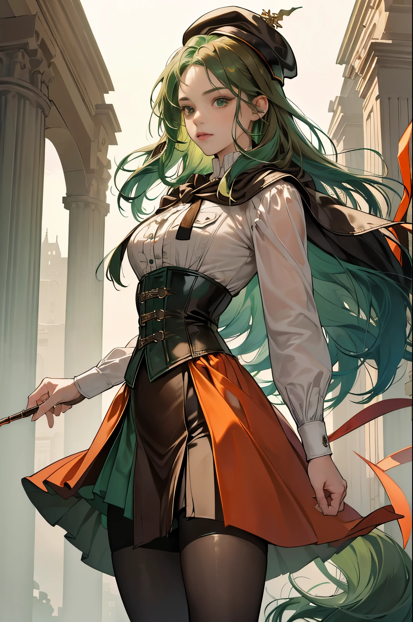 masterpiece, Super detailed, 8K portrait, RAW photo, portrait photography, highly detailed face, beautiful and detailed eyes, ((fantasy)), young and beautiful, 22 years ago, dynamic pose, (((long straight deep green hair))), ((One side is woven with orange ribbon)), dull bangs, beret, white skin color, luxury, hooded (((Dark brown))) (((Silk Long Cloak))) fluttering in the wind, (((dress shirt))), (((silk maxi skirt))), leather corset, (((dark thigh high tights))), High Cut Leather Boots, (((Lift a long magic wand))), ((wear a pocket watch)), midday sun, surreal, body model, small breasts, beautiful breasts, long legs, city, environmental lighting, shadow details , focus the camera on the face, strong wind, light fog