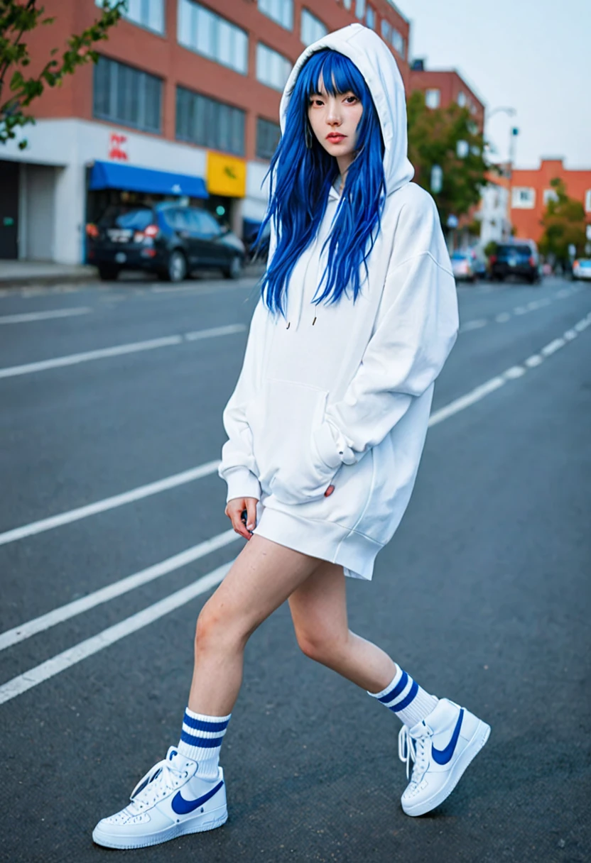 blue hair。Best Anamorphic Lens Photography 50mm Lens Freckled Woman。In the background, the morning sun shines on her hair.、background is blurry。Hip-hop fashion。fashionable。Air Force Nike sneakers。The whole body is shown。Slender。White hoodie with hood up。I&#39;m wearing high socks。Her pants are covered by her hoodie, revealing her legs and knee-high socks.。