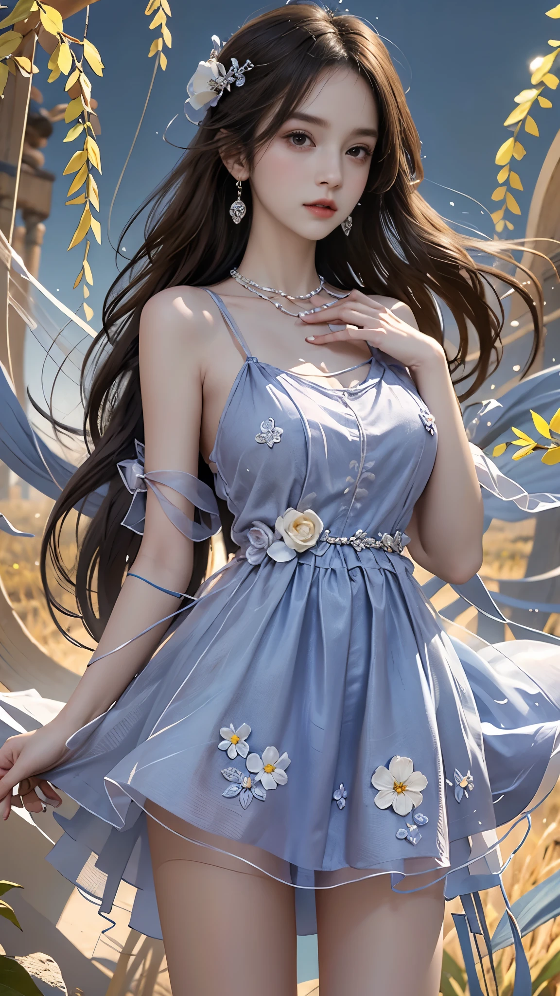 Sweet girl clothes2,pearl necklace,blue dress,flower,  masterpiece，best quality，High质量，High清晰度，High质量的纹理，High质量的阴影，High细节，Beautiful details，fine details，Extremely detailed CG，Detailed texture，lifelike的面部表现，lifelike的，colorful，Beautifully，sharp focus，(intricate details，Pure love face_v1:0.5)，(细节美Beautifully脸，(细节美Beautifully眼睛)，perfect比例的脸，HighSkin details，Skin details，The optimal ratio of four fingers to one thumb，emaciated:1.3)，1 girl，，High，(光滑的abdominal muscles:1.55)，(abdominal muscles:0.5)，beautiful，perfect，High，((Big breasts, big breasts, big breasts)), ((bare shoulders)), ((The skirt is very short)), (long legs)，(straight legs)，(thin waist)，((White skin))，White skin，((White skin))，(Emma Watson)，big breasts，((Caucasian))，Light blonde hair，Stand with your legs apart，looking at the audience，whole body，Portrait of cute blonde girl，((Standing in the wheat field,look into the distance))，bloom，orange mist，kinetic，strands of hair，lifelike，High品质渲染，amazing art，High品质，Film texture，Fuji XT3，dream