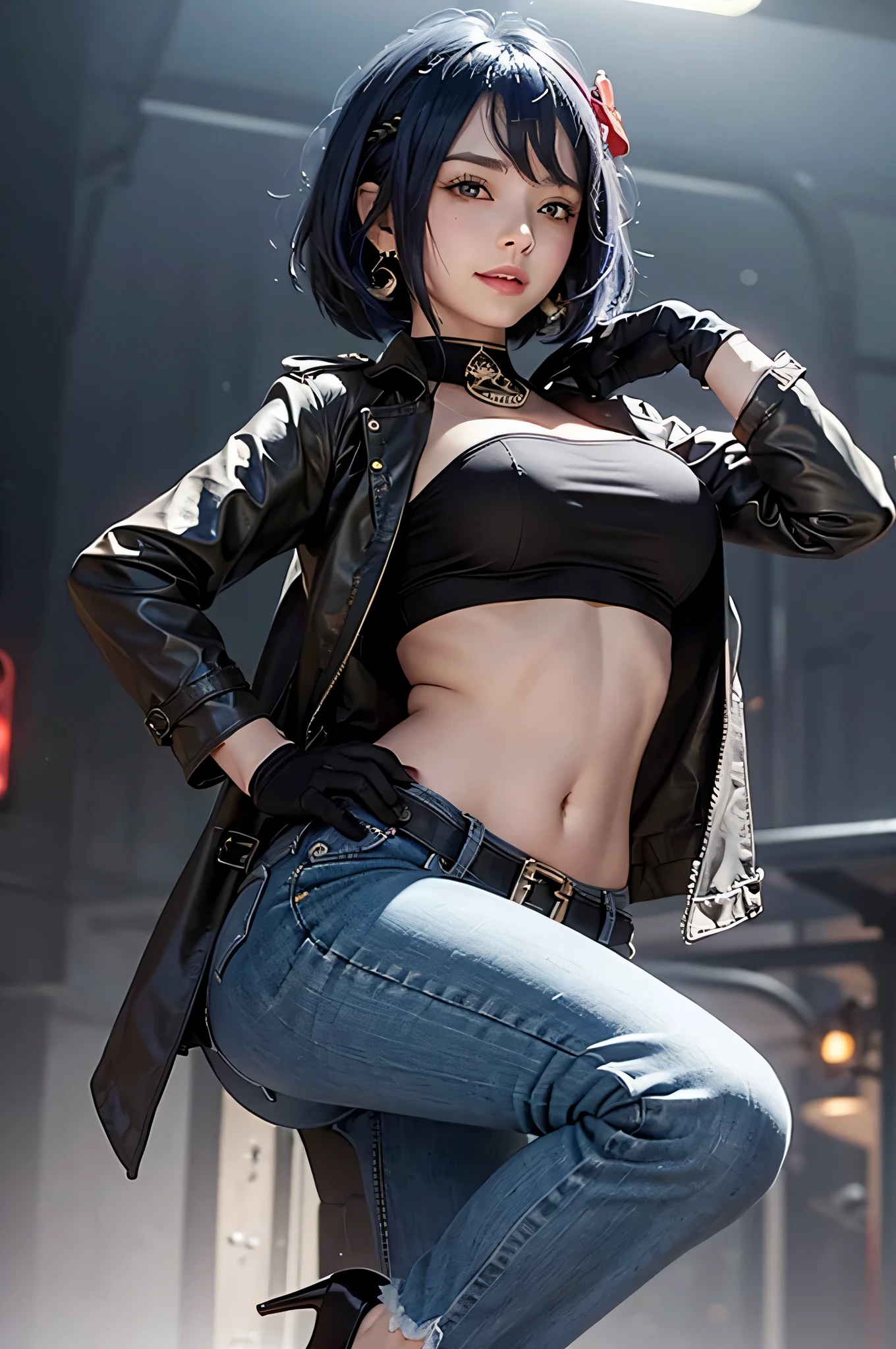 (long leather trench coat, crop top, long skinny jeans, iron belt, big earrings, heels), ((midriff, navel)), smile, looking at viewer, night city, (cinematic lighting, best quality, masterpiece, high details, best quality, highres, HD, 4K, 8k, super detail), best quality, masterpiece, (kujou sara:1.3 mask on head, blue hair, short hair, yellow eyes, gloves)