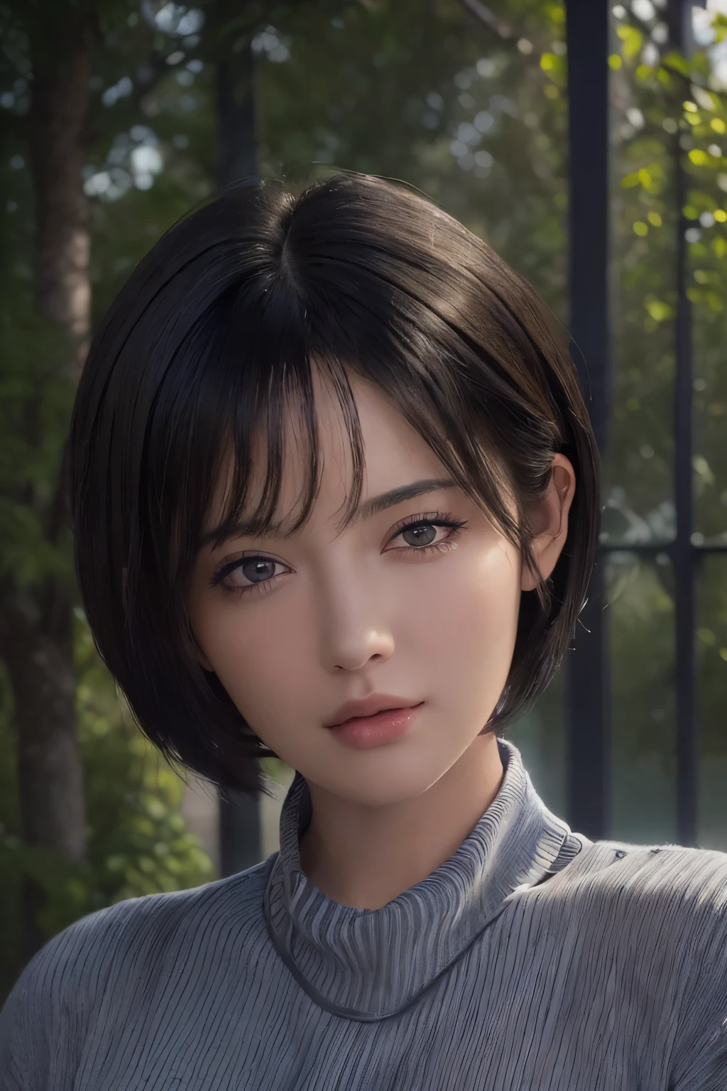 (masterpiece:1.3), (8k, photorealistic, RAW photo, best quality: 1.4), (1girl), beautiful face, (realistic face), (black hair, short hair:1.3), beautiful hairstyle, realistic eyes, beautiful detailed eyes, (realistic skin), beautiful skin, (sweater), absurdres, attractive, ultra high res, ultra realistic, highly detailed, golden ratio
