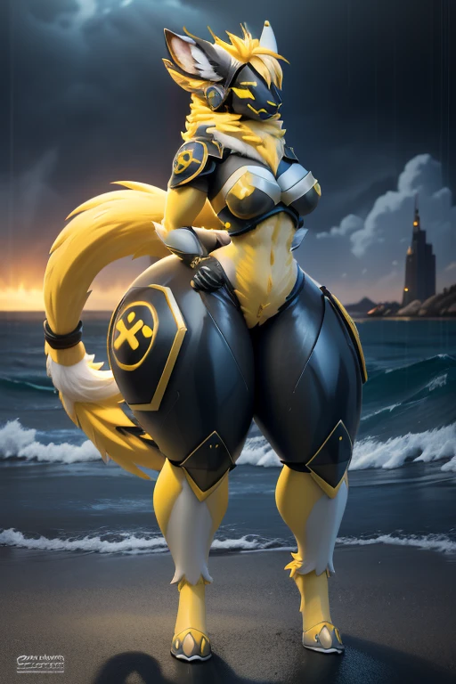 female protogen with extremely wide hips, extremely large , extremely large thighs, humongous giantess, yellow hair, white fur, dark grey armor, huge white fluffy tail swaying to the left, and yellow glowing highlights. yellow glowing eyes, and whitish grey fur tufts. yellow glowing symbols. standing with a hand on her hip in the ocean with extremely huge waves, standing in super heavy rain, dripping water, towering over a city, futuristic dark grey armored arm plating, futuristic dark grey breast futuristic dark grey thigh armor, holding a huge long yellow glowing spear.