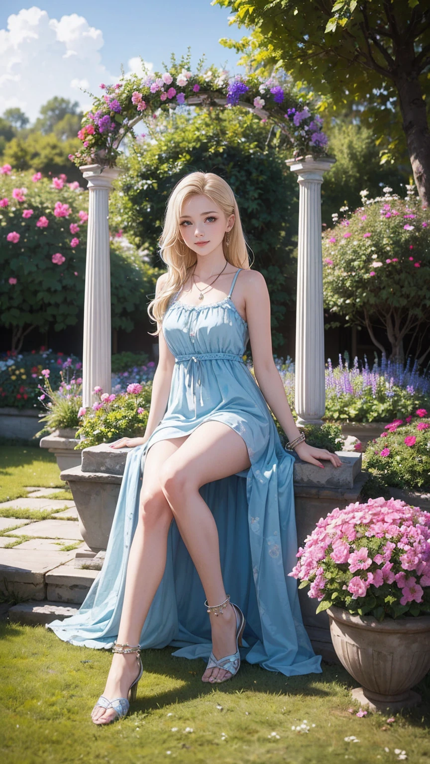 ((最high quality, 8K, masterpiece: 1.3, Ultra HD, high quality, 最high quality, High resolution, realism)) 、25 year old white woman、platinum blonde、blue eyes、long hair、smile、slender、slenderだがアスリートのような細マッチョな身体、I don't want my head to disappear from the screen.、手首にアクセサリーapply、Wearing red nail polish、I have a peticure、anklet((anklet))apply、wear a dress、put on a necklace、I'm in an English garden with colorful flowers blooming.、There is an arch made of flowers、Enjoy tea time in the garden、Beautiful blue sky without a single cloud、花の髪飾りをapply