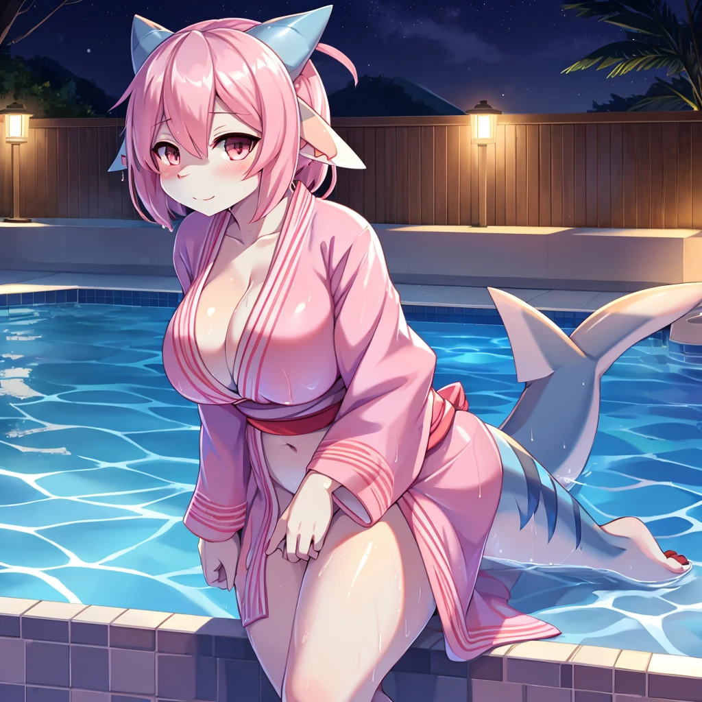 shark girl,furry,Cute Moe,big breasts,Good quality,Good resolution,go to swimming pool,((Wear a pink kimono)),Wet,nighttime,Good light and shadow details,shade,sexy pose,Have sexual desire to masturbate