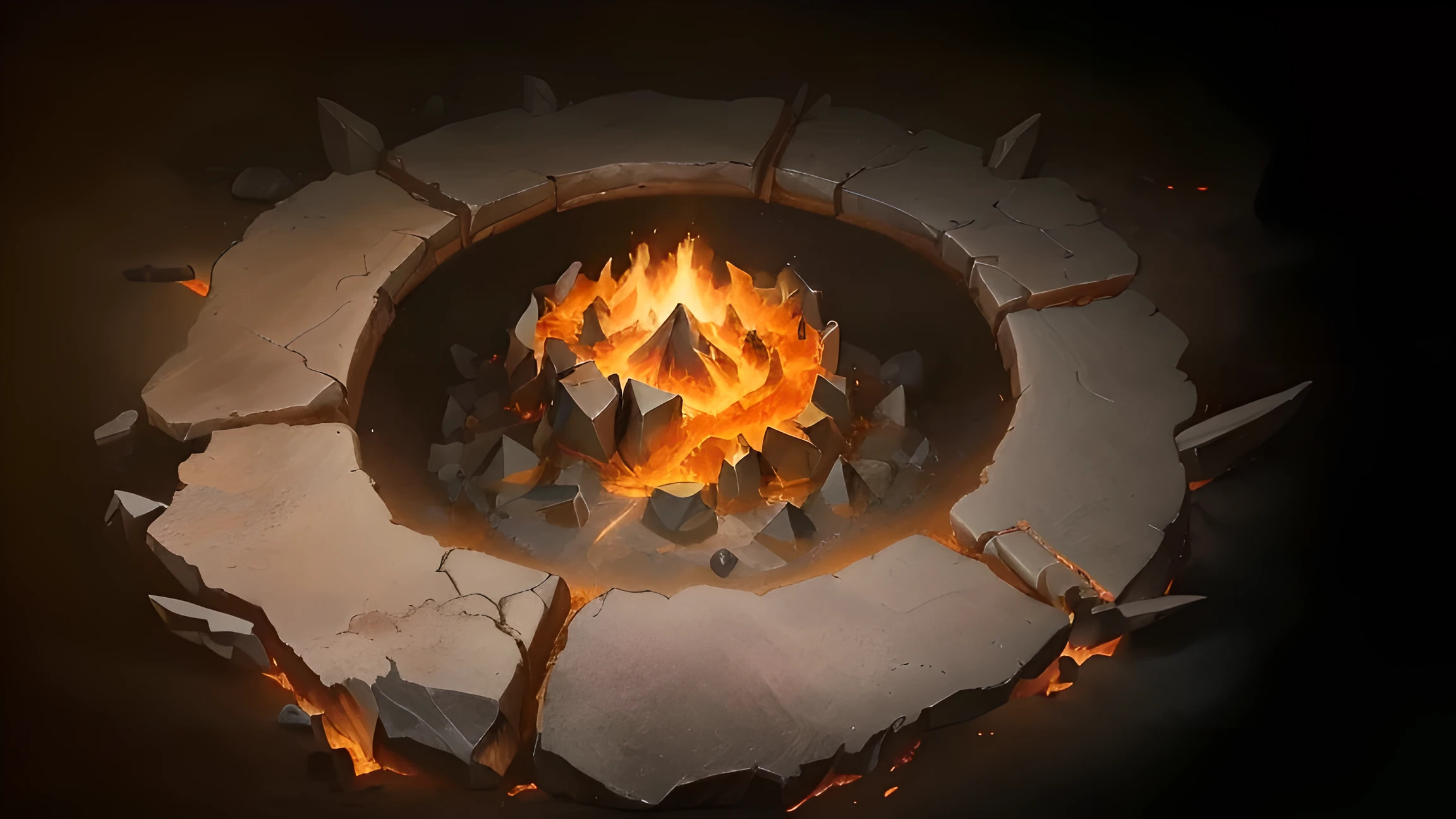 There is a fire pit，there is fire inside，There are rocks around, flame stones are scattered, blizzard,Hearthstone concept art, Holy Fire Spell Art, game concept art, Research the Hell Rift Portal, Portal to the Lost Flame Realm, diablo concept art, Ironmaking pits, Mysterious concept art with high detail, best quality, 8K, [Super detailed], masterpiece, best quality, (Very detailed), Dynamic angle, lifelike, dnd art, fantasy art, realistic art,(strong details, masterpiece, best quality: 1.5)，joist，sacrifice，(runes：1)