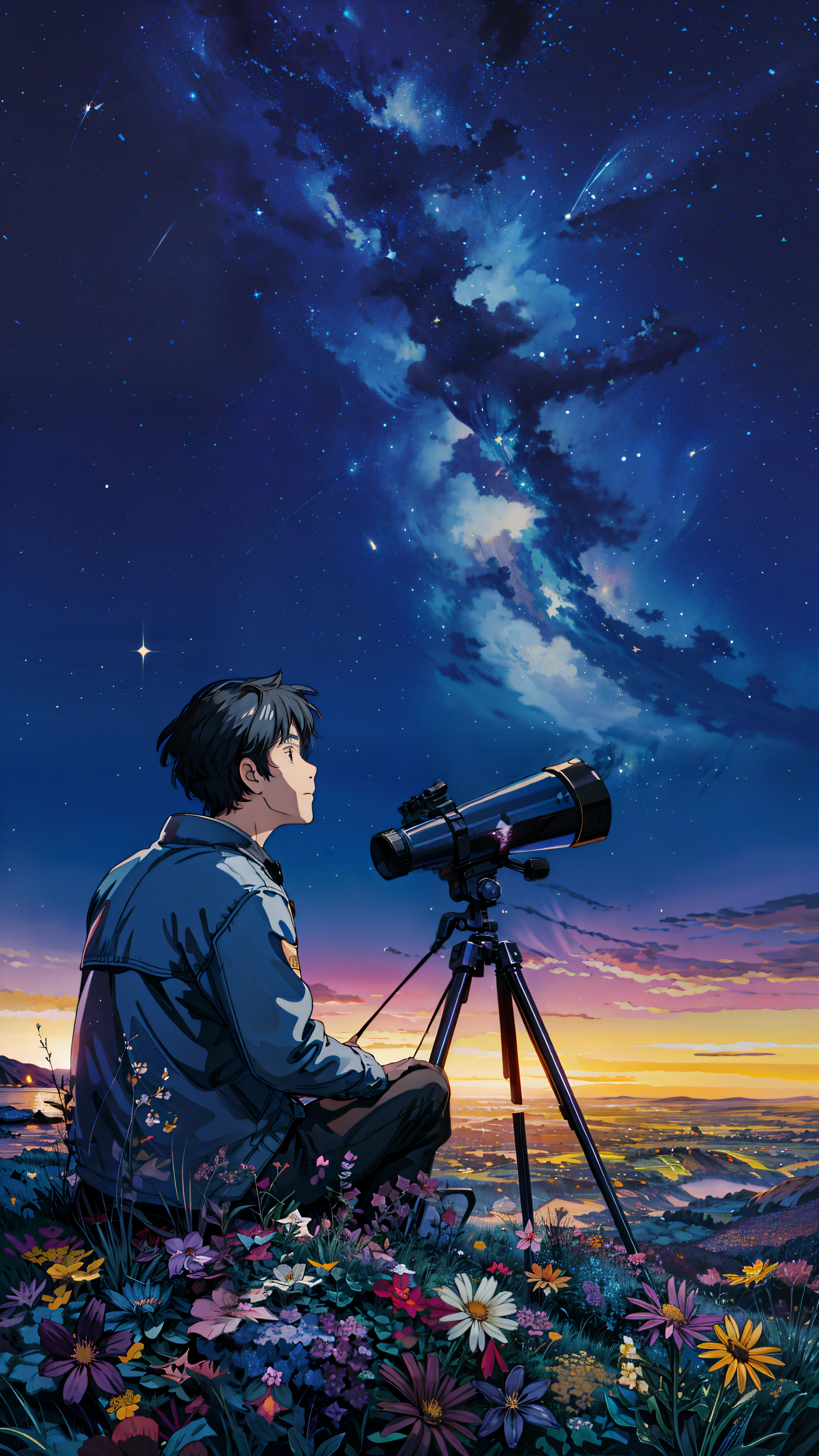 painting of a man sitting with a telescope under a starr filled sky, cosmic starry sky, colorful, multicolored flowers, starry sky!!, starry sky, many stars in sky, night sky full of stars, dark starry sky, night time with starry sky, black sky full of stars, sky full of stars, the sky is a starry sky, galaxy in the night sky, starry night sky, black sky with stars