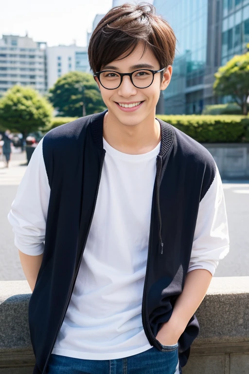 1 male, bishounen,casual clothes, city background,Classic glasses,bang,age 20s,jpn,male,Refreshing,japanese,smile