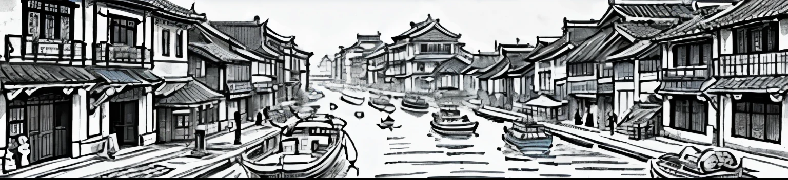 only black and white clour drawing of a river with boats and buildings in it, cg society contest winner, modern european ink painting, chinese brush pen illustration, dreamy chinese town, detailed art, highly detailed illustration, traditional korean city, highly detailed ink illustration, detailed ink illustration, detailed sumi-e illustration