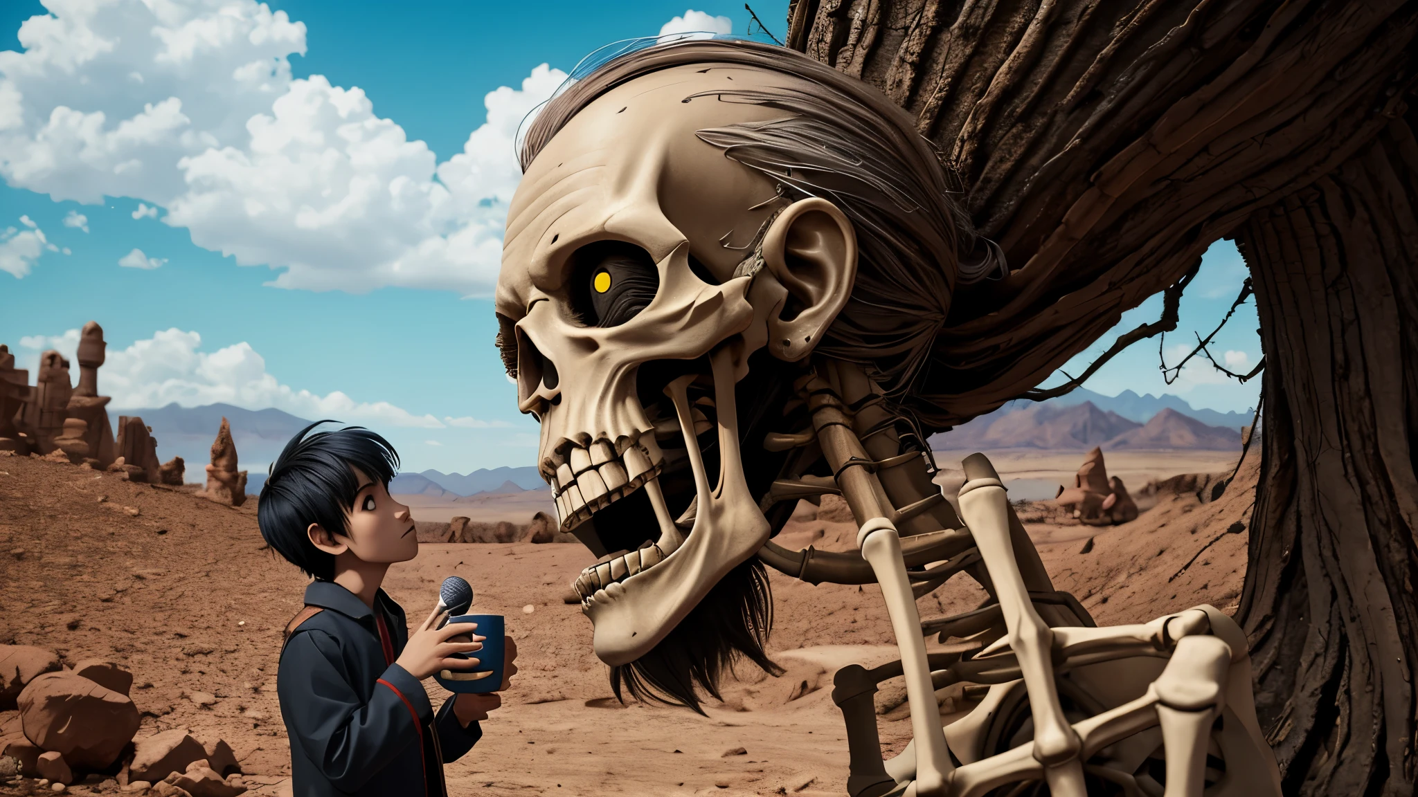 anime artwork of  Cryptkeeper a man with a creepy face HANG ON A TREE IN THE DESERT,solo,1boy,male focus,cup,microphone,mug,skeleton,realistic,realistic,realism,photorealism,hyperrealism,hyperrealistic,realistic,sharp,detailed,cinematography style,film light style,movie still,professional photography,artistic,perfection,contrast,cinematic,filmic,high quality photo,8k quality,colorful,photography style,horror themed,Anthology Black comedy Dark fantasy Horror , tales from the crypt style, anime style, key visual, vibrant, studio anime,  highly detailed--Super High ultra resolution, hyper photorealistic, 255K, super hyper, Sony A7S Ill, f/ 9.0, 1/400. sharp-focus, megapixel.

