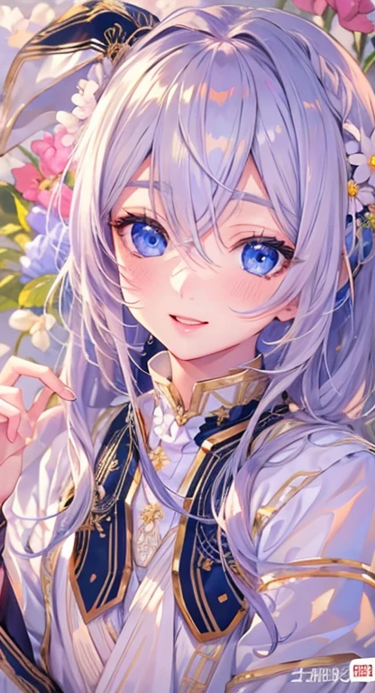 ((highest quality)), ((masterpiece)), (get used to it), perfect face , masterpiece、highest quality、High resolution、high quality images、8K, 1 female、skin luster、Texture of skin and clothing、Expression of fine eyes、Shiny bright golden hair,Girl with long braided hair, Manga inspired by Lee Jong-suk, trending on deviantart, realism, Detailed manga style, Manga art style, Perfect Line Drawing, beautiful line drawing, digital manga art girl, K-POPアイドル, beautiful blue eyes, plump lips, Detailed gorgeous face, (cute smile), charm, innocent, Side view, (perfectly detailed face), (fine hands) photorealistic images, Depth of written boundary, 20th generation ,beautiful girl , Rabbitの耳 , Fluffy clothes , medium breasts , Protruding shoulders , I can see the cleavage , Rabbit , There are many flowers in the background ,