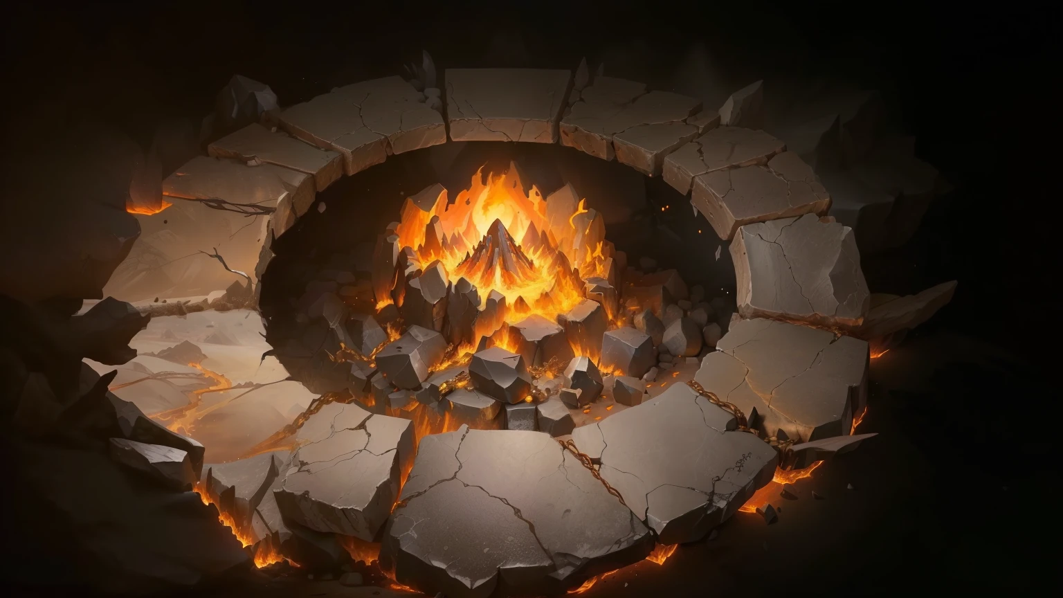 There is a fire pit，there is fire inside，There are rocks around, flame stones are scattered, blizzard,Hearthstone concept art, Holy Fire Spell Art, game concept art, Research the Hell Rift Portal, Portal to the Lost Flame Realm, diablo concept art, Ironmaking pits, Mysterious concept art with high detail, best quality, 8K, [Super detailed], masterpiece, best quality, (Very detailed), Dynamic angle, lifelike, dnd art, fantasy art, realistic art,(strong details, masterpiece, best quality: 1.5)，joist，sacrifice，(runes：1)