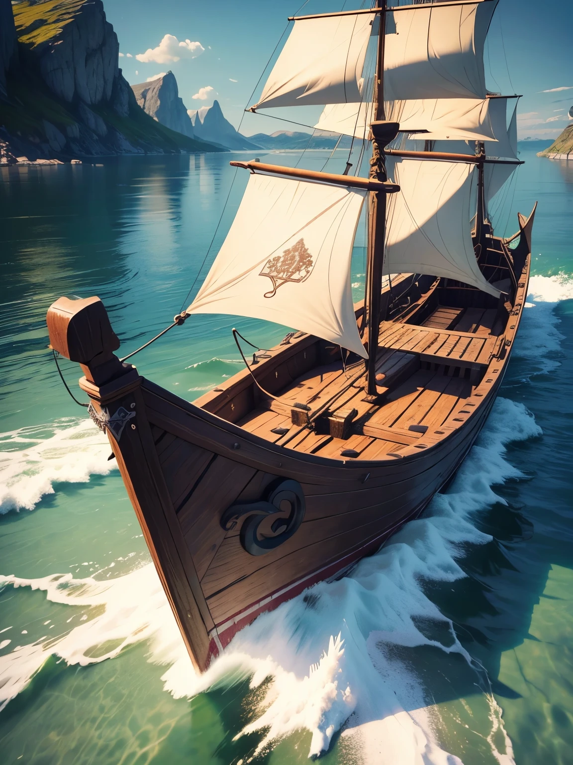 medieval vikings boat, ultra detailed, high quality, 8k resolution, zoom out