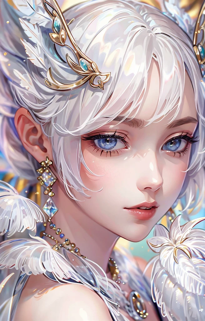 A little white kitten swimming underwater, eyebrows, smile, fantasy in Katsuhiro Otomo style, in realistic hyper-detail rendering style, glow, yellow blue, ultra-realistic oil painting, head close-up, exaggerated perspective, Tyndall effect water drops, pearlescent mother-color, holographic white, realistic---s400