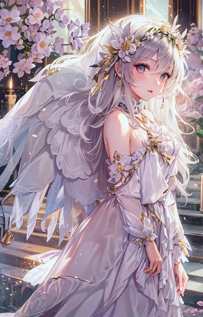 ((highest quality)), ((masterpiece)), (get used to it), perfect face , beautiful girl , Angel , Beautiful white , There are many feathers in the background , flower ,