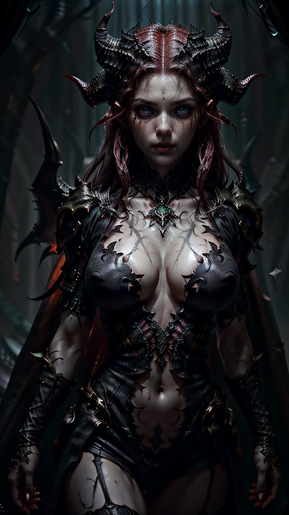 lilith, realistic, photo of a woman walking toward the viewer, dark mood,gore, intricate details, subsurface scattering, insanely detailed texture, textured skin, breasts,thin waist, hips, thigh, tight clothing, lewd clothing, masterpiece, best quality, ultra-detailed, texture, looking at viewer, detailed eyes, detailed face, masterpiece, midnight,pubic hair, clear image, exposed cleavage, bloom around lights,red tone, underlit, gloom, black mist drifting down off her body, medium close-up, cleavage, 1girl, (Huge breasts :1.2), Wet body:1.2, Ultra-detailed face, Detailed eyes,
