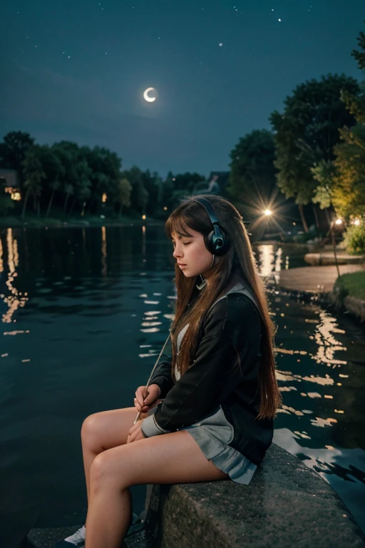 A long-haired girl sits on a stone by the lake. she is wearing headphones,Fishing from the water with a fishing rod. There are trees and several buildings across the lake. The sky is full of stars,There is also a big and bright moon. Moonlight reflected on the lake. Overall,The atmosphere here is very romantic.