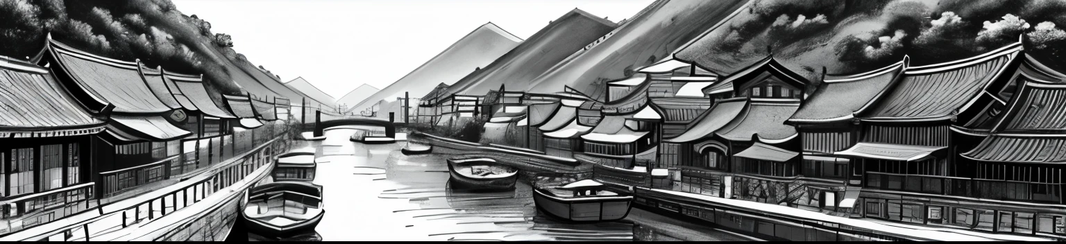 only black and white clour drawing of a river with boats and buildings in it, cg society contest winner, modern european ink painting, chinese brush pen illustration, dreamy chinese town, detailed art, highly detailed illustration, traditional korean city, highly detailed ink illustration, detailed ink illustration, detailed sumi-e illustration