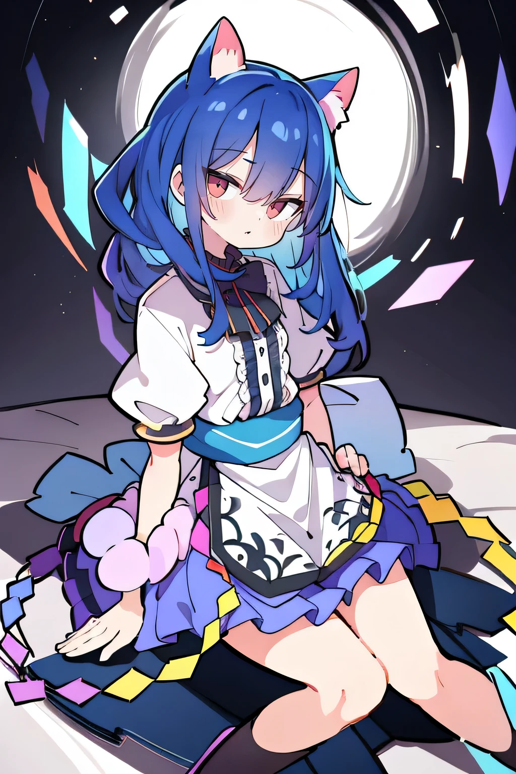 (Masterpiece), best quality, expressive eyes, perfect face, 1girl,
Put your hands on your waist, fair, gorgeous, Japanese comics, girl, Lola, young angel, blue hair, blue hair, flowing clothes, hug the waist, hug the waist, hands on hips, hands on hips, lay down , lying on the ground, legs on the ground, flat chest, cat ears