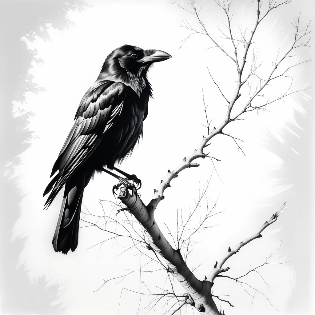 An ingenious charcoal drawing on a white wall, A crow is sitting on a dry tree branch. Stroke Technique, Shadow, charcoal, black and white