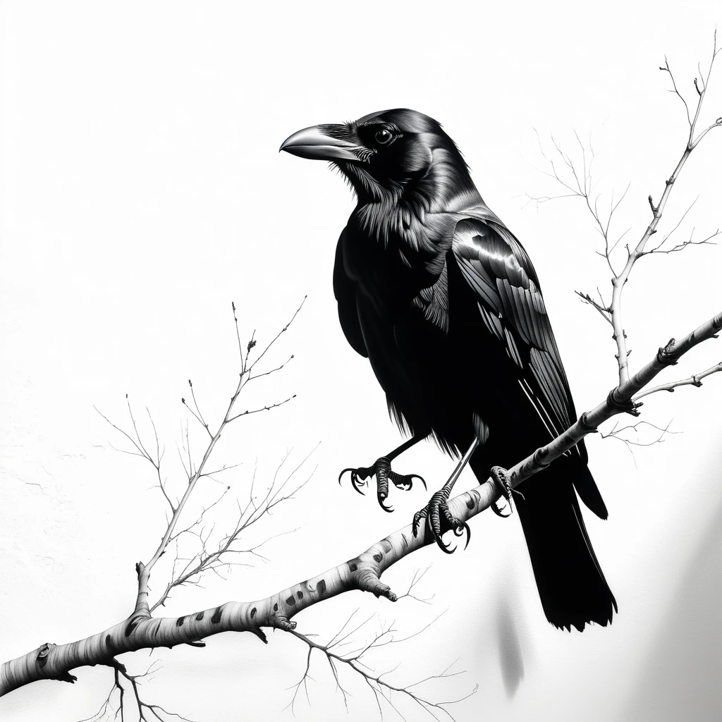 An ingenious charcoal drawing on a white wall, A crow is sitting on a dry tree branch. Stroke Technique, Shadow, charcoal, black and white