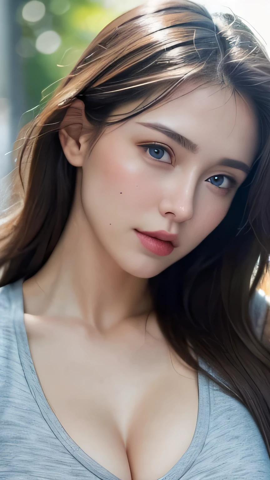 realistic, High resolution, [[[ Only one girl ]]] Close-up、cleavageをClose-up、Only from the chest up、Bust-up photoshoot、A close-up photo of cleavage、、wistful look、excited expression、open mouth、wavy brown hair,  blue eyes, small mole under the eye, tight gray t-shirt,wet body、 upper limbs,big breasts、breasts pointing upward、cleavage、8K,very detailed, High resolution,towards the camera ( 1 single woman)((highest quality、8K、masterpiece：1.3))、sharp focus：1.2、partial photo、(natural soft light、city street:1.1)、