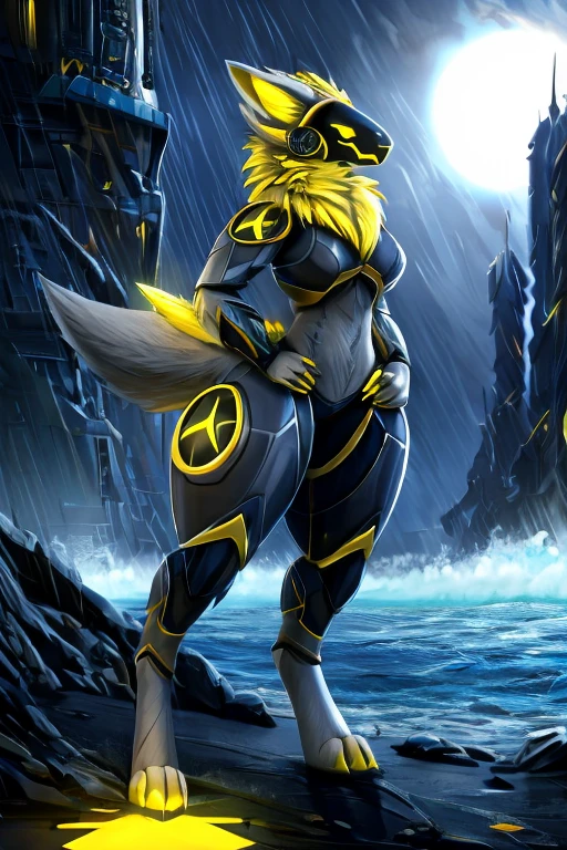 female protogen with extremely wide hips, extremely large breasts, extremely large thighs, humongous giantess, yellow hair, white fur, dark grey armor, huge white fluffy tail swaying to the left, and yellow glowing highlights. yellow glowing eyes, and whitish grey fur tufts. yellow glowing symbols. standing with a hand on her hip in the ocean with extremely huge waves, standing in super heavy rain, dripping water, towering over a city, futuristic dark grey armored arm plating, futuristic dark grey breast armor, futuristic dark grey thigh armor, holding a huge long yellow glowing spear.