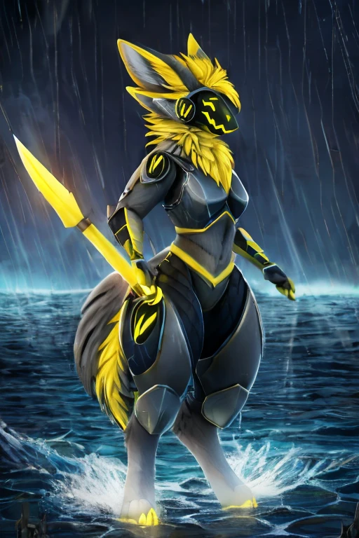 female protogen with extremely wide hips, extremely large breasts, extremely large thighs, humongous giantess, yellow hair, white fur, dark grey armor, huge white fluffy tail swaying to the left, and yellow glowing highlights. yellow glowing eyes, and whitish grey fur tufts. yellow glowing symbols. standing with a hand on her hip in the ocean with extremely huge waves, standing in super heavy rain, dripping water, towering over a city, futuristic dark grey armored arm plating, futuristic dark grey breast armor, futuristic dark grey thigh armor, holding a huge long yellow glowing spear.