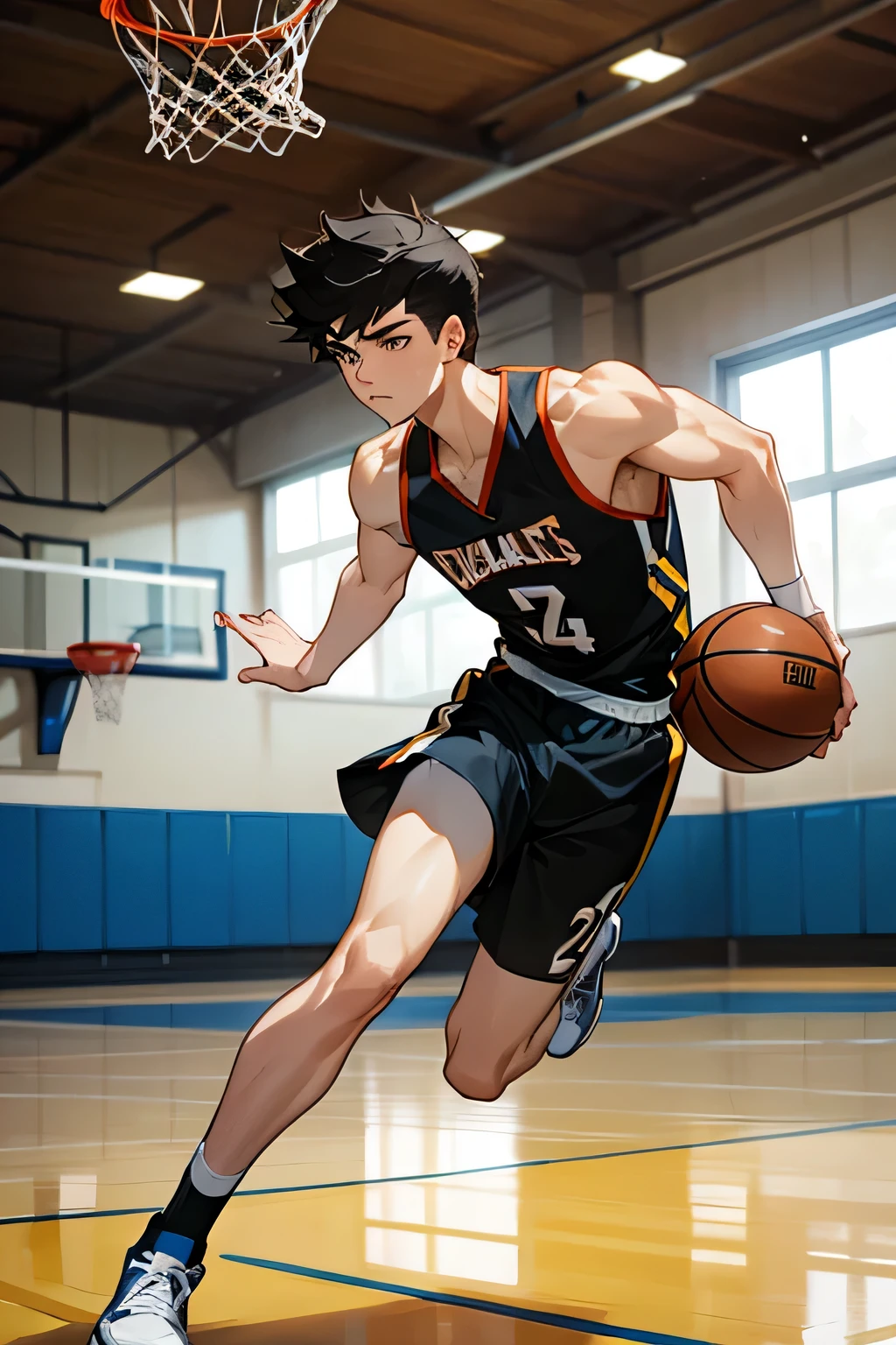 shirtless, super muscular, 22-year old short black hair handsome caucasian male wearing basketball shorts and rubber shoes, playing basketball, dribbling the ball while running, in the indoor basketball court