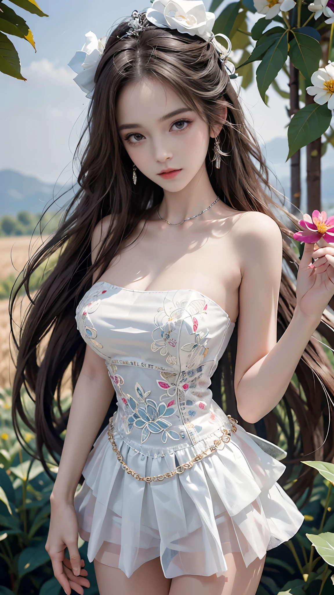 Sweet girl clothes4,strapless dress,jewelry,  masterpiece，best quality，High质量，High清晰度，High质量的纹理，High质量的阴影，High细节，Beautiful details，fine details，Extremely detailed CG，Detailed texture，lifelike的面部表现，lifelike的，colorful，Beautifully，sharp focus，(intricate details，Pure love face_v1:0.5)，(细节美Beautifully脸，(细节美Beautifully眼睛)，perfect比例的脸，HighSkin details，Skin details，The optimal ratio of four fingers to one thumb，emaciated:1.3)，1 girl，，High，(光滑的abdominal muscles:1.55)，(abdominal muscles:0.5)，beautiful，perfect，High，((Big breasts, big breasts, big breasts)), ((bare shoulders)), ((The skirt is very short)), (long legs)，(straight legs)，(thin waist)，((White skin))，White skin，((White skin))，(Emma Watson)，big breasts，((Caucasian))，Light blonde hair，Stand with your legs apart，looking at the audience，whole body，Portrait of cute blonde girl，((Standing in the wheat field,look into the distance))，bloom，orange mist，kinetic，strands of hair，lifelike，High品质渲染，amazing art，High品质，Film texture，Fuji XT3，dream