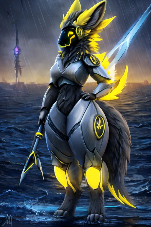 female protogen with extremely wide hips, extremely large breasts, extremely large thighs, humongous giantess, yellow hair, white fur, dark grey armor, huge white fluffy tail swaying to the left, and yellow glowing highlights. yellow glowing eyes, and whitish grey fur tufts. yellow glowing symbols. standing in the ocean with a hand on her hip and extremely huge waves, standing in super heavy rain, dripping water, towering over a city, futuristic dark grey armored arm plating, futuristic dark grey breast armor, futuristic dark grey thigh armor, holding a huge long yellow glowing spear.