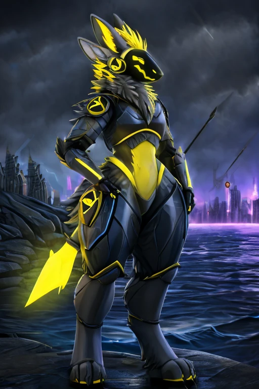 female protogen with extremely wide hips, extremely large breasts, extremely large thighs, humongous giantess, yellow hair, white fur, dark grey armor, huge white fluffy tail swaying to the left, and yellow glowing highlights. yellow glowing eyes, and whitish grey fur tufts. yellow glowing symbols. standing in the ocean with a hand on her hip and extremely huge waves, standing in super heavy rain, dripping water, towering over a city, futuristic dark grey armored arm plating, futuristic dark grey breast armor, futuristic dark grey thigh armor, holding a huge long yellow glowing spear.