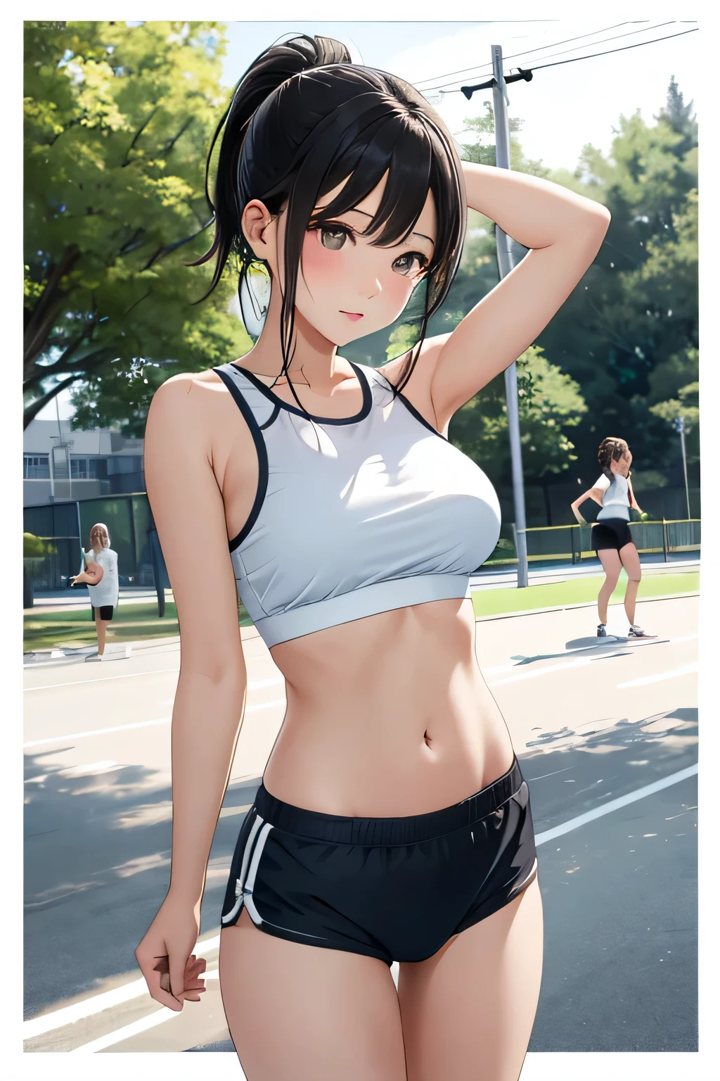 (highest quality:1.4)、(High resolution)、detailed background、(detailed beautiful face:1.4)、(Depict the normal number of fingers:1.2)、(detailed facial expressions)、beautiful and smooth skin、Teenage beauty、(three women:1.3)、(huge breasts:1.3)、cute hair color、braided ponytail、Perfect body line、cowboy shot、

(A girl adjusts the fit of her gym shorts in the schoolyard:1.5)、
Adjust the fit of your panties、

If you feel any tightness, adjust it quietly so that people around you don&#39;t notice.、
Please be aware of your surroundings as you will be touching sensitive areas.、
While standing, try gently rocking your body or bending your knees.、
Gently pull the waistband to pull the pants up or down、
You can adjust the position of your pants by tapping the hem and waist area lightly.、
Please be mindful of the people around you.、cute、cameltoe