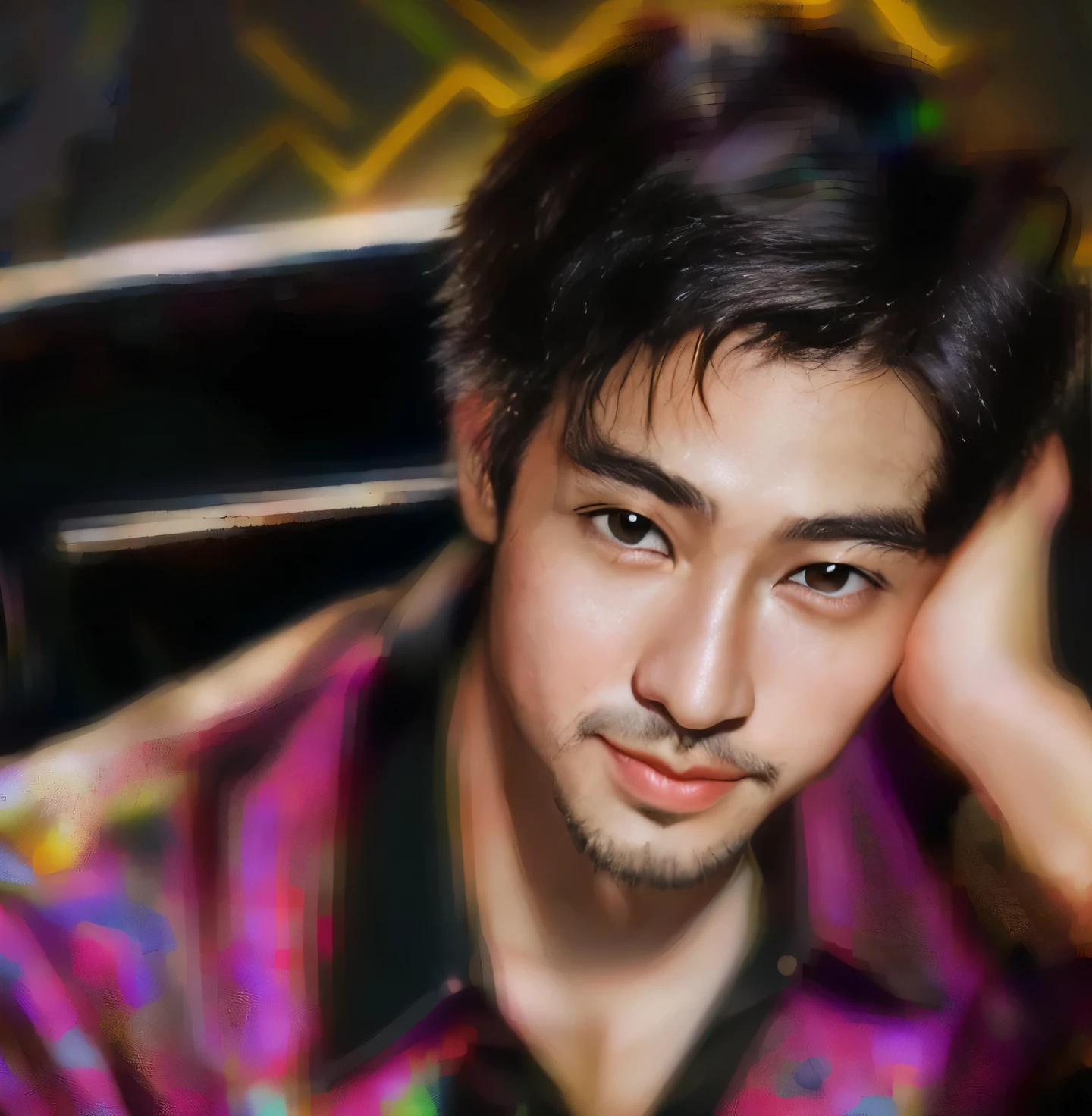 Resulting in a portrait painting of a handsome indonesia young man with short, neat and thin black hair, sitting in a chair with vibrant colorful flowers around him in a dark atmosphere. He was wearing sparkling brown batik clothes, black trousers, smiling warmly and happily. Above it, the neon words 'Luke' in bold italics are on a brick wall, surrounded by the smoke of an explosion of colorful paint with intricate details