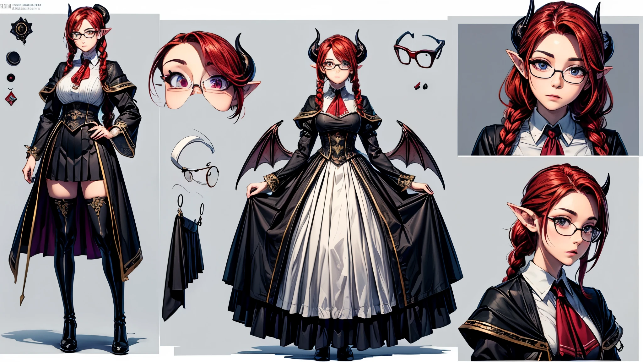 (Masterpiece, best quality), detailed, character sheet, many items (the same person, medieval royal clothes, magic academy uniform, blouse, skirt, glasses, reading glasses, white boots, many parts), athletic, busty, demon, demon girl, detailed beautiful purple eyes, detailed face, pointy ears, red hair and white skin, braided ponytail, demon horns, full of details.