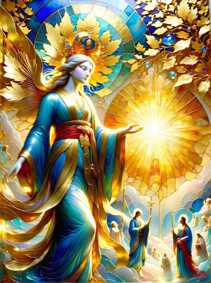 (Gold Leaf Art:1.6), Intricately designed gold leaf art glass windows, Full of red, blue, and golden hues, Gold leaf art brings religious imagery to life, The windows are bathed in soft golden sunlight, Create an ethereal atmosphere around, The presence of figures and the delicate brushwork further enhance the beauty of the composition, masterpiece, ccurate, super detail, 8k