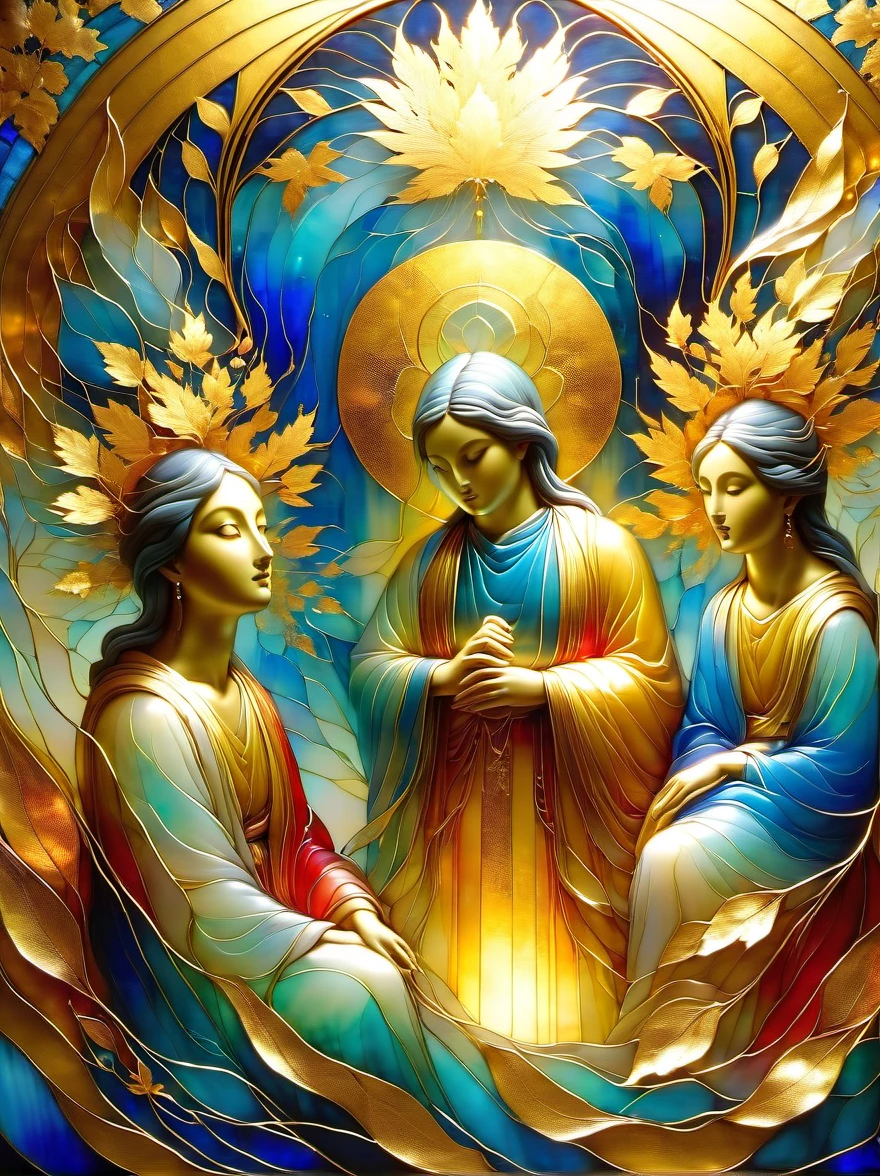 (Gold Leaf Art:1.6), Intricately designed gold leaf art glass windows, Full of red, blue, and golden hues, Gold leaf art brings religious imagery to life, The windows are bathed in soft golden sunlight, Create an ethereal atmosphere around, The presence of figures and the delicate brushwork further enhance the beauty of the composition, masterpiece, ccurate, super detail, 8k