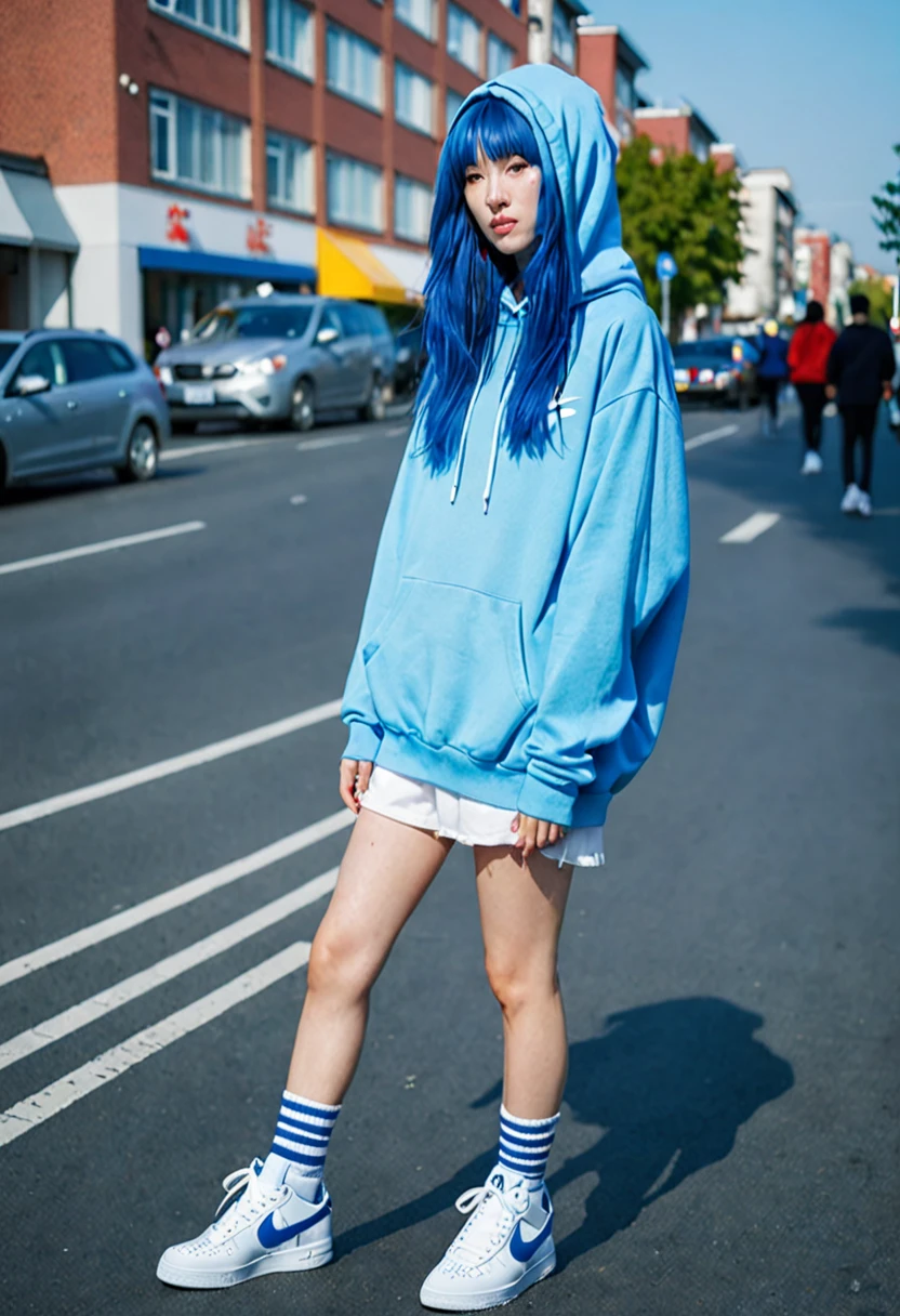 blue hair。Best Anamorphic Lens Photography 50mm Lens Freckled Woman。In the background, the morning sun shines on her hair.、background is blurry。Hip-hop fashion。fashionable。Air Force Nike sneakers。The whole body is shown。Slender。The hood is covered with a hoodie。I&#39;m wearing high socks。Her pants are covered by her hoodie, revealing her legs and knee-high socks.。The whole outfit is blue with only white shoes.。