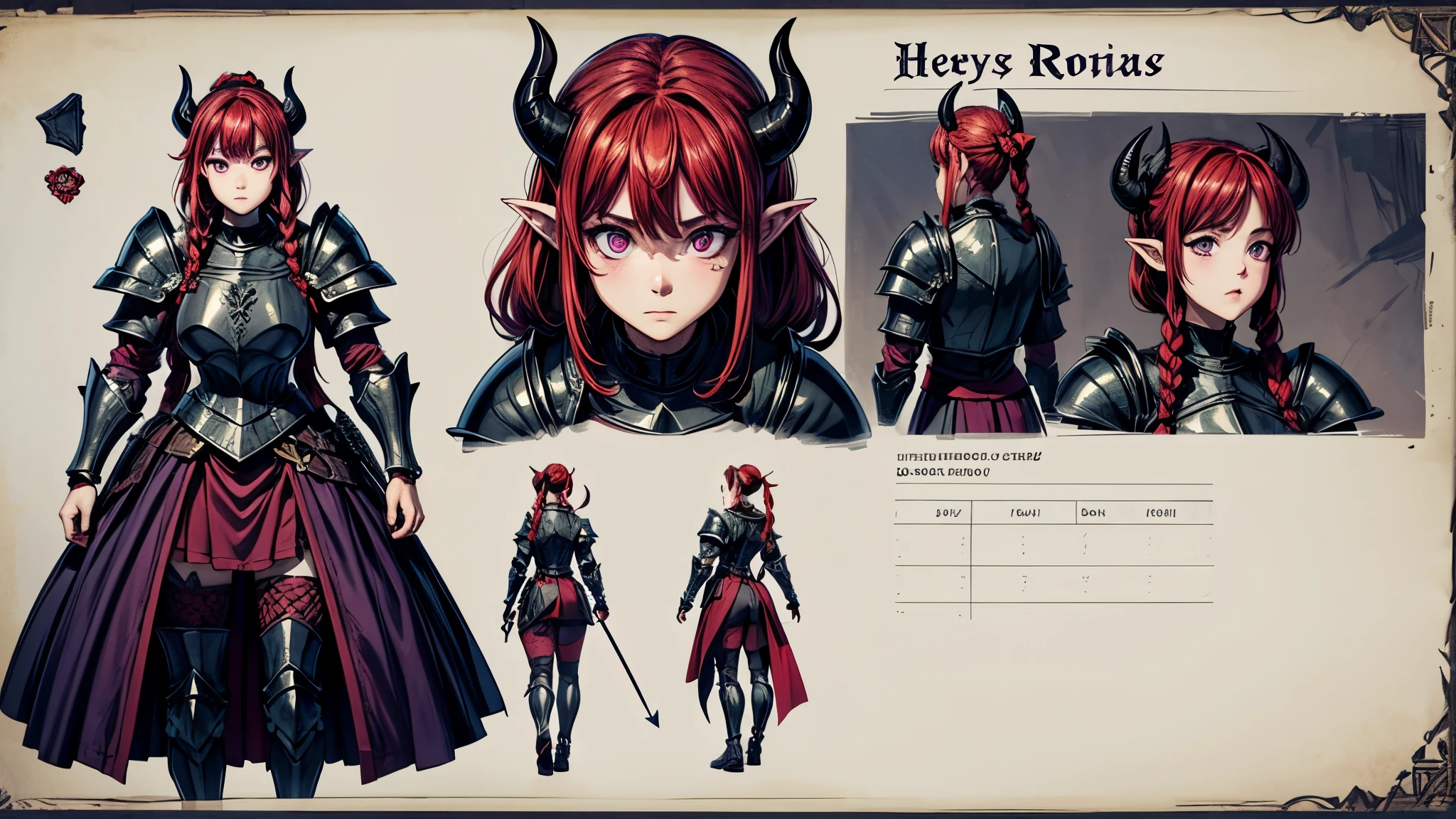 (Masterpiece, best quality), detailed, character sheet, many items (the same person, medieval royal armor, demonic heavy armor, fullplate armor, many parts), athletic, busty, demon, demon girl, detailed beautiful purple eyes, detailed face, pointy ears, red hair and white skin, braided ponytail, demon horns, full of details.