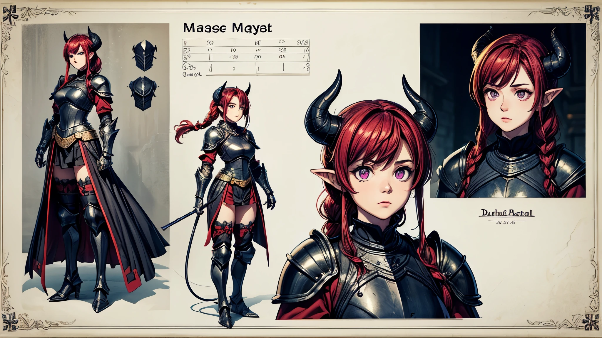 (Masterpiece, best quality), detailed, character sheet, many items (the same person, medieval royal armor, demonic heavy armor, fullplate armor, many parts), athletic, busty, demon, demon girl, detailed beautiful purple eyes, detailed face, pointy ears, red hair and white skin, braided ponytail, demon horns, full of details.