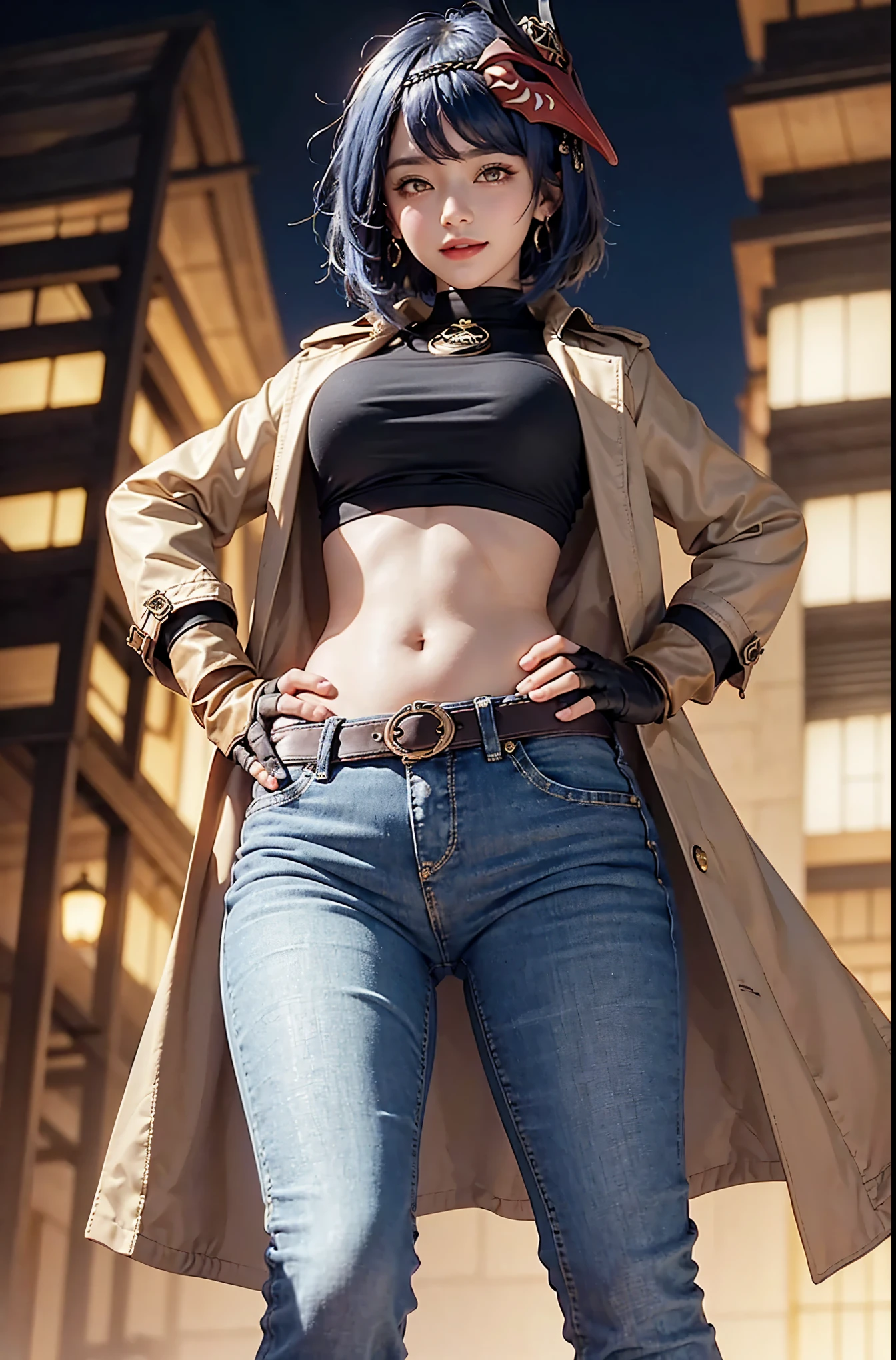 (long leather trench coat, crop top, long skinny jeans, iron belt, big earrings, heels), ((midriff, navel)), smile, looking at viewer, night city, (cinematic lighting, best quality, masterpiece, high details, best quality, highres, HD, 4K, 8k, super detail), best quality, masterpiece, (kujou sara:1.3 mask on head, blue hair, short hair, yellow eyes, gloves)