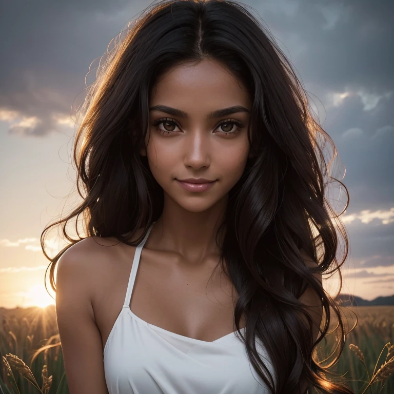 Photography of a stunning woman, long dark curly hair, symetric eyes, symetric face, a bit tanned skin. Opt for a little nasty smile on her face to add her some charm. She is wearing nothing on top, she is hiding her with one arm. Choose how she is dressed on bottom. She is outside, maybe on the fields.