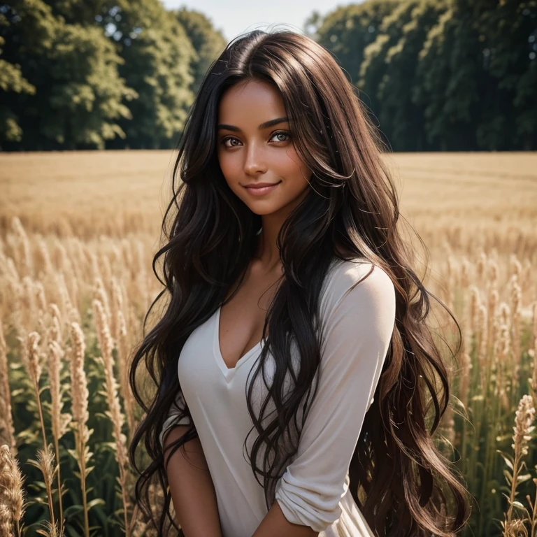 Photography of a stunning woman, long dark curly hair, symetric eyes, symetric face, a bit tanned skin. Opt for a little nasty smile on her face to add her some charm. She is wearing nothing on top, she is hiding her with one arm. Choose how she is dressed on bottom. She is outside, maybe on the fields.