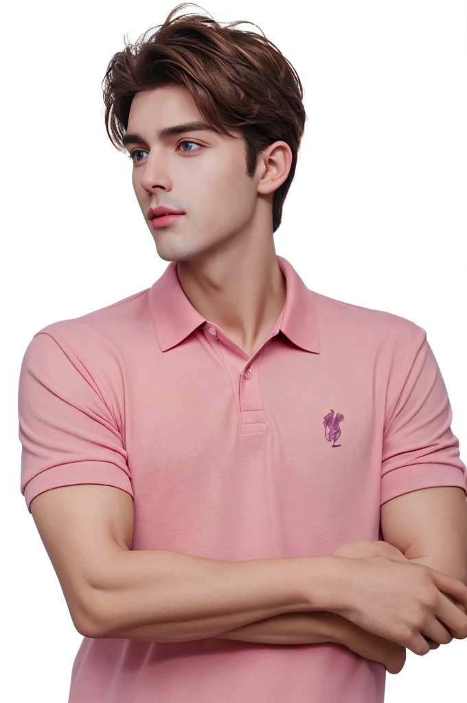 Handsome guy with brown hair, pink polo shirt, exquisite facial features 8k HD