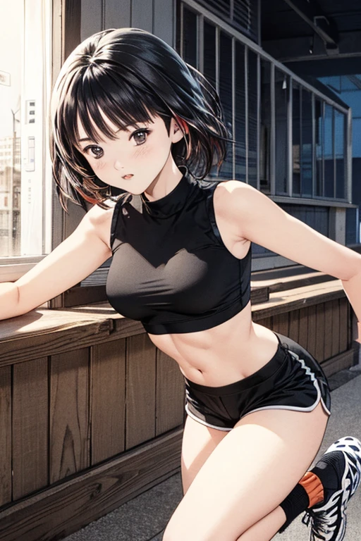 (cabello despeinado), (illustration), retrato, (fondo de ciudad futurista), (arms behind back), Cintura delgada, gran sonrisa, abdominales fuertes, chica delgada, strong abs, muscle girl, front pose, big thighs, focus on face, flat chested, large city background, blue hair, red eyes, skirt, sit on rock, detailed vagina, nude, heavy armor suit