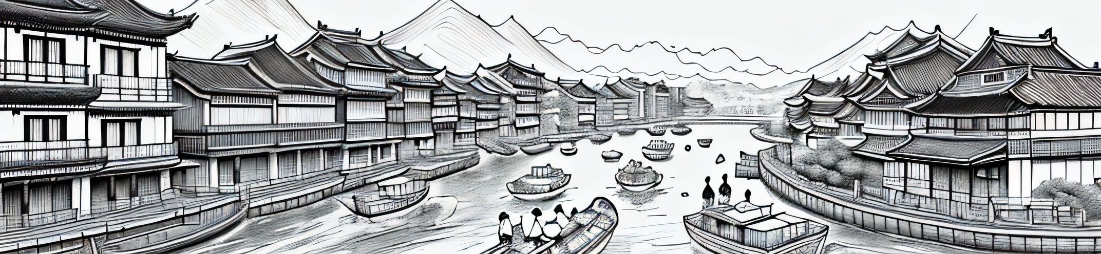 only black and white clour drawing of a river with boats and buildings in it, cg society contest winner, modern european ink painting, chinese brush pen illustration, dreamy chinese town, detailed art, highly detailed illustration, traditional korean city, highly detailed ink illustration, detailed ink illustration, detailed sumi-e illustration