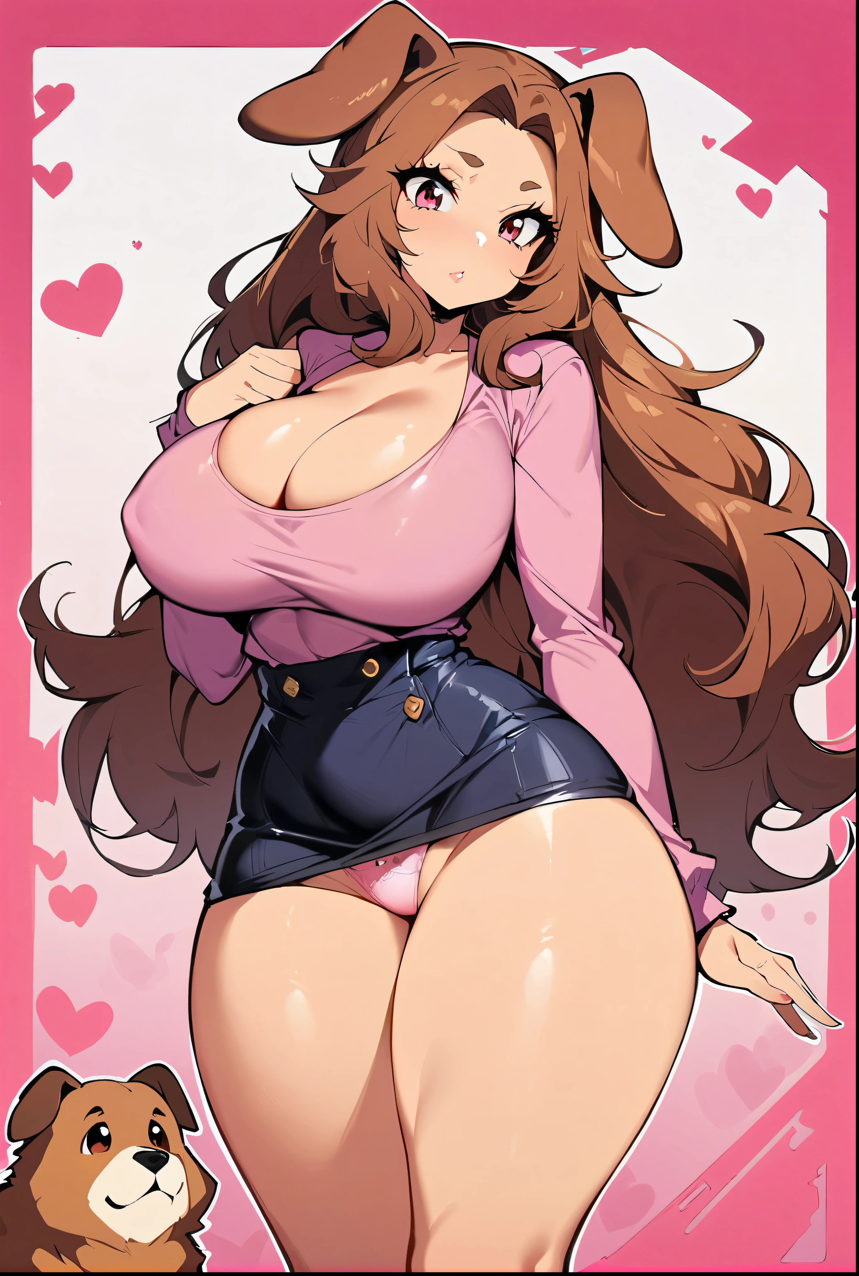 (masterpiece, best quality:1.2), 1girl, solo,standing,
by by buta99, by chelodoy, by spikedmauler, by cervina7, solo, female, standing, brown dog ears, looking at viewer, ((hair, snout), lips, eyelashes, eyeliner, big breasts, cleavage, light brown fur, pink eyes, sexy, long brown hair, long wavy hair, skinny, canine, pink, kawaii, small waist, huge thighs, milf body , big eyes, kawaii background, pink clothes, brown hair ,kawaii, super kawaii, big hips, kawaii outfit, sexy, nsfw, pink, pink theme, huge , showing, huge thighs, huge hips, shiny, border around body, skinny waist, mini skirt, shiny skin, glowy skin, huge brown curls, bangs, looking down at viewer, pink panties, panty shot