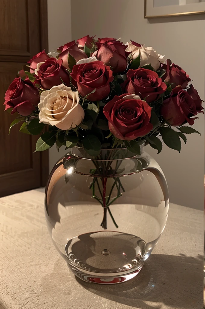 3d image of a beautiful crystal vase,filled with beautiful red and white roses