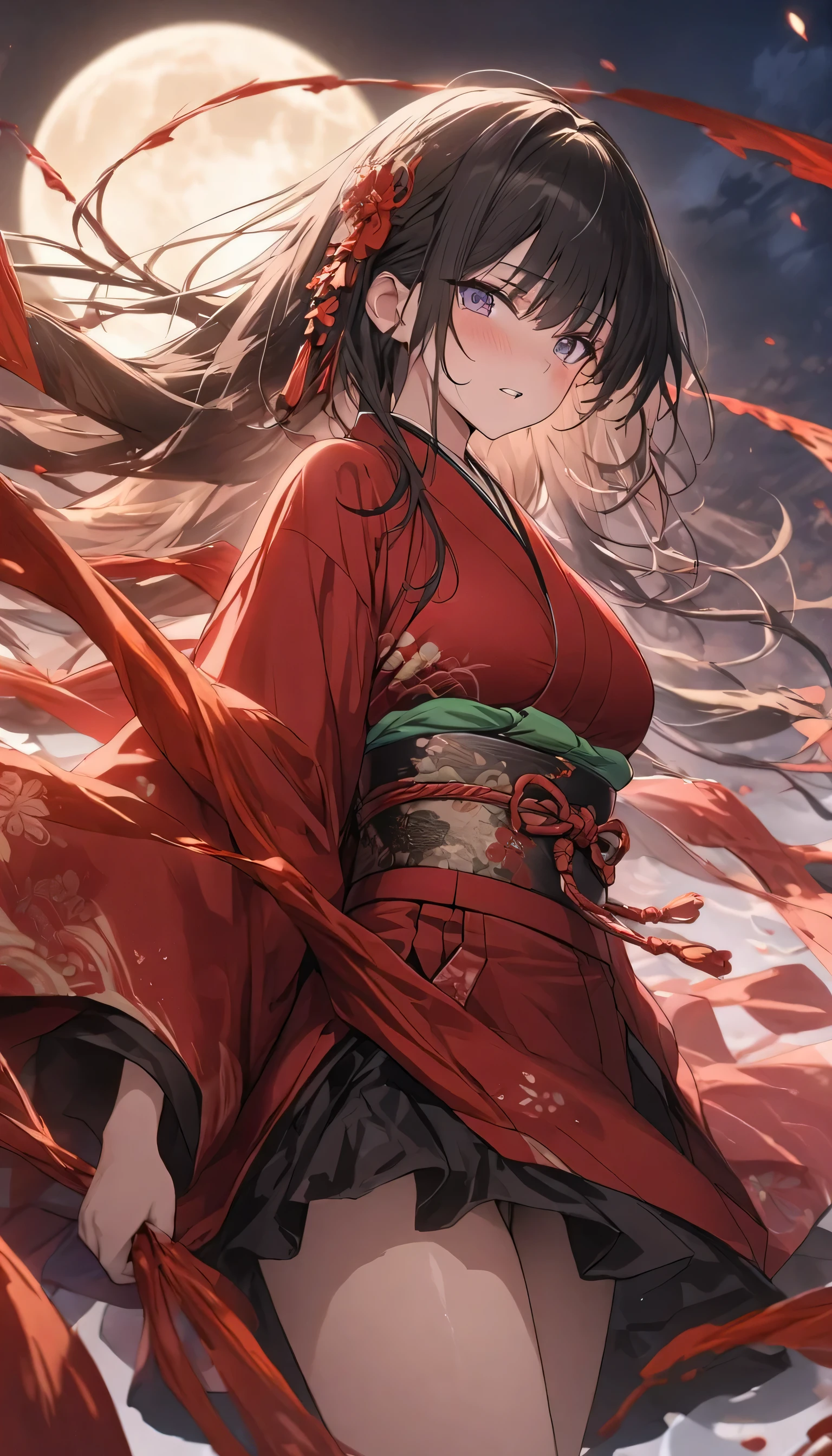 (highest quality、masterpiece、High resolution、detailed), BREAK,(Shining eyes、detailed beautiful face)､anime、masterpiece, anime、, BREAK,highest quality, samurai in red kimono, Fabric flowing through the air, moon, northern grassland, software