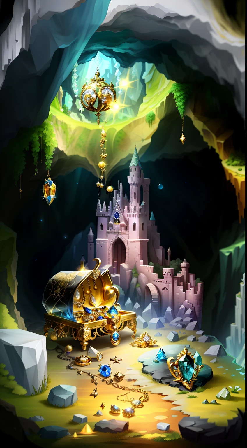 Treasures in caves,gold,silver,jewels,diamonds,Magic Style. Depth of detail. HD,